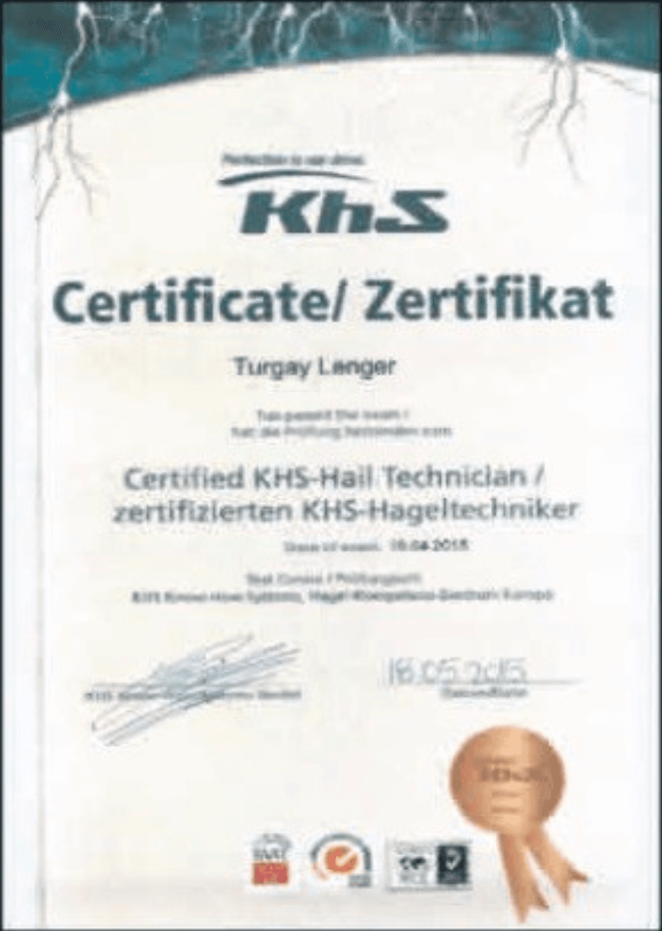 KHS Zertifikat zertifizierter KHS-Hageltechniker – Turgay Lenger, 2015
